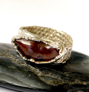 Carved Fire Agate Silver Formed Unisex Ring - Glitter and Gem Jewellery