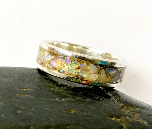 Sterling Silver Natural Opal Inlay Unisex Ring - Glitter and Gem Jewellery