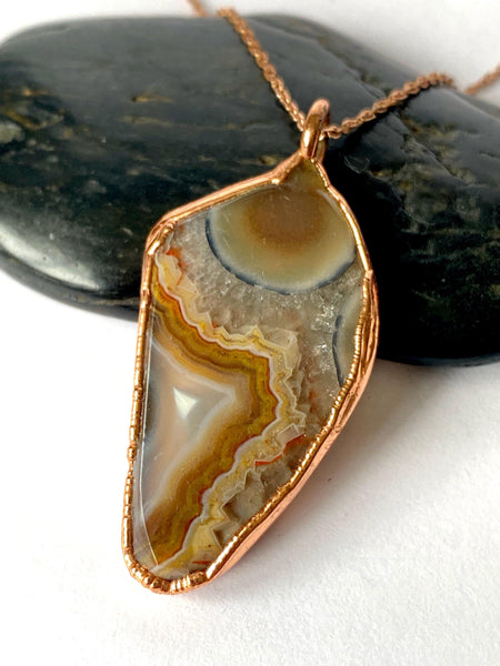 Mexican Crazy Lace Agate Copper Formed Pendant Necklace - Glitter and Gem Jewellery