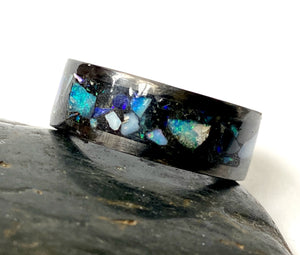 Opal Inlay Black Carbon Fibre Unisex Ring