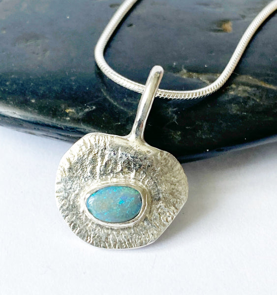 Lightning Ridge Opal Sterling Silver Textured Pendant Necklace