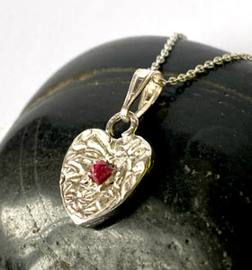 Mogok Red Spinel Textured Silver Heart Pendant Necklace