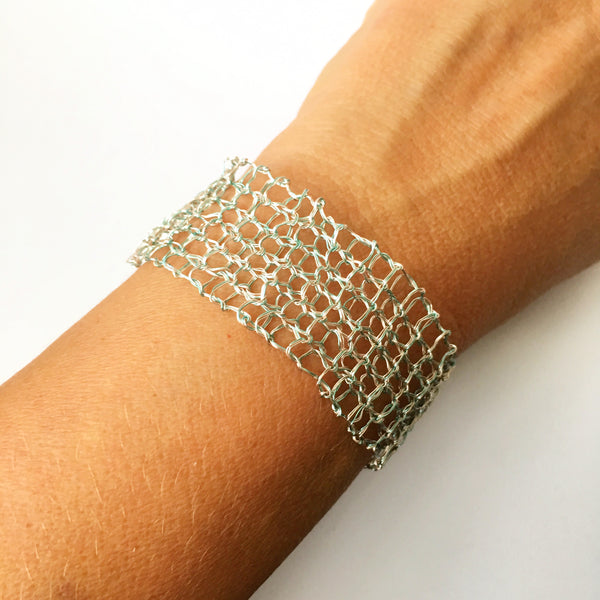 Hand Woven Aqua & Silver Wire Bracelet - Glitter and Gem Jewellery