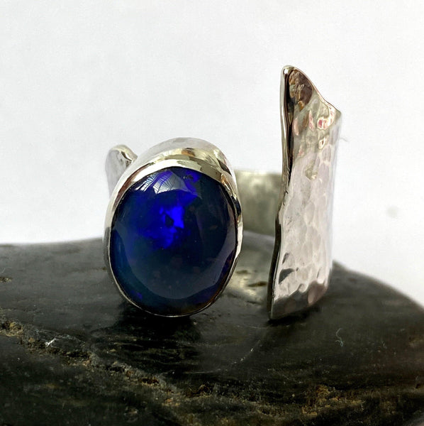 Crystal Blue Opal Statement Sterling Silver Ring - Glitter and Gem Jewellery
