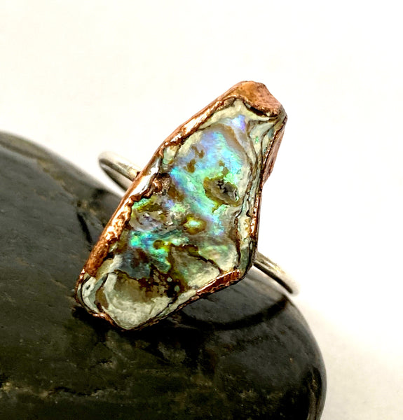 Paua Shell Copper and Silver ring,  size S 1/2, US 9 3/4 - Glitter and Gem Jewellery