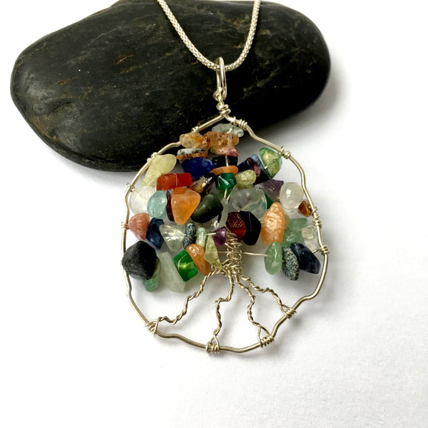Handmade Circle Tree of Life Indian Agate Sterling Silver Pendant Necklace - Glitter and Gem Jewellery