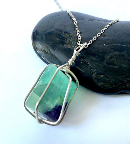 Fluorite Wire Wrap Sterling Silver Pendant Necklace - Glitter and Gem Jewellery