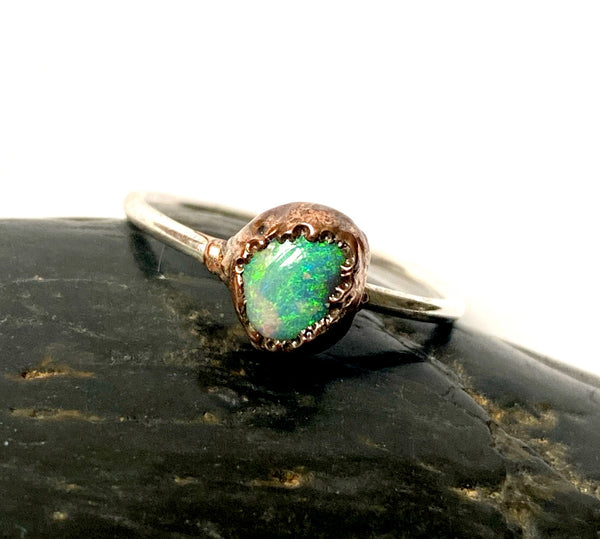 Solid Lightning Ridge Opal Silver & Copper Ring - Glitter and Gem Jewellery