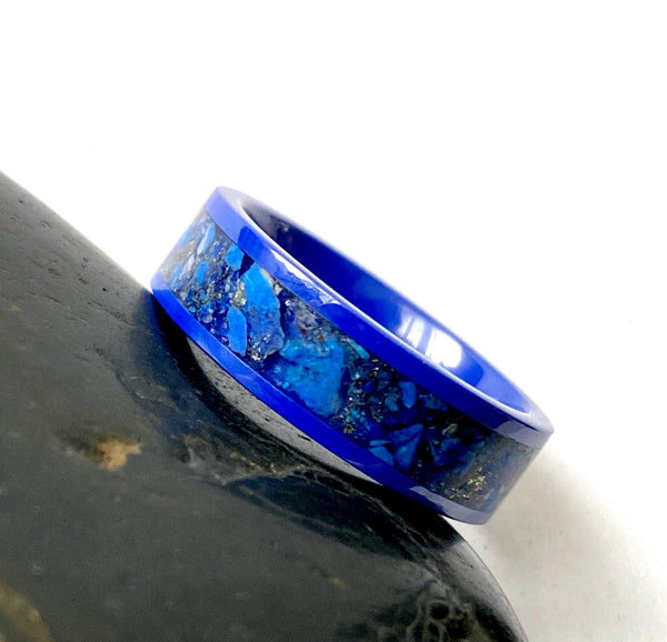 Lapis Lazuli Blue Ceramic Unisex Inlay Ring - Glitter and Gem Jewellery