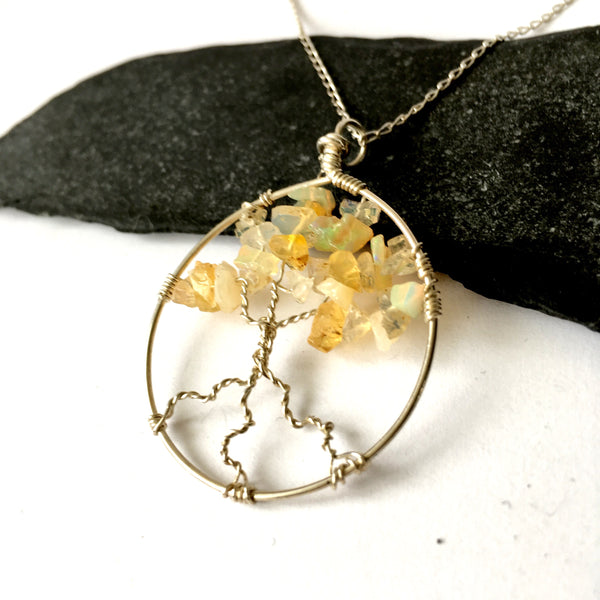 Welo Opal Tree of Life Sterling Silver Pendant Necklace - Glitter and Gem Jewellery