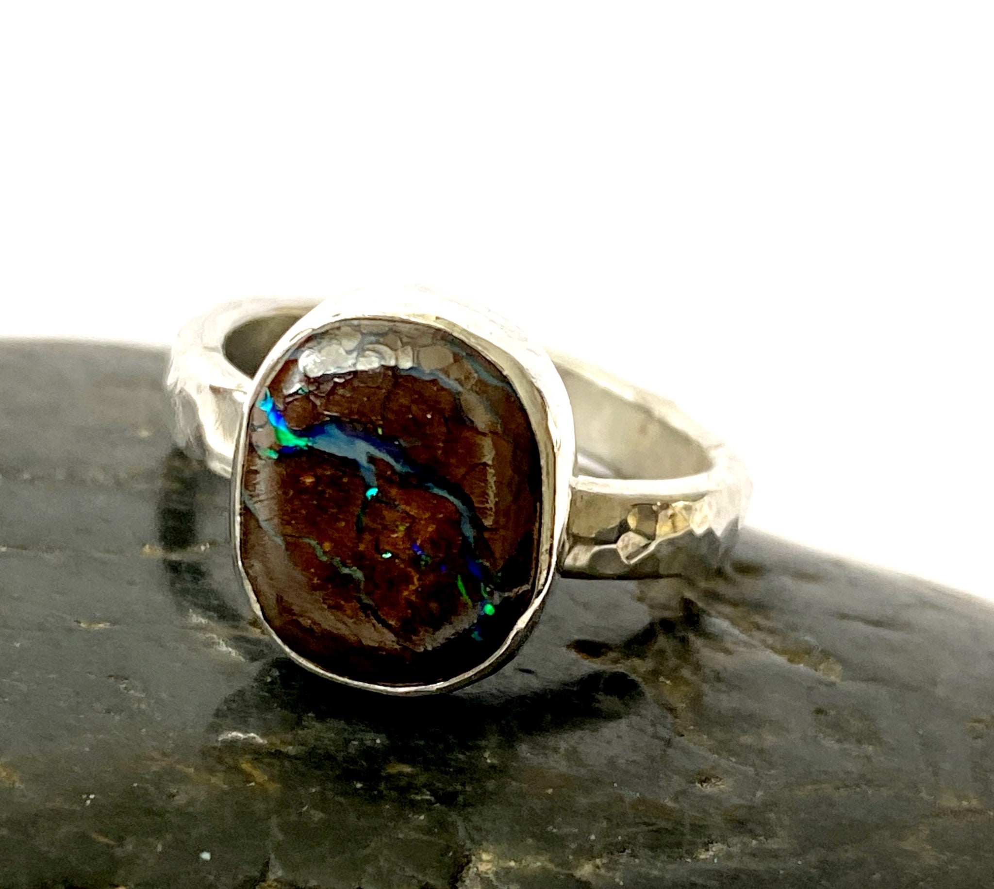 Natural Boulder Opal Sterling Silver Ring - Glitter and Gem Jewellery