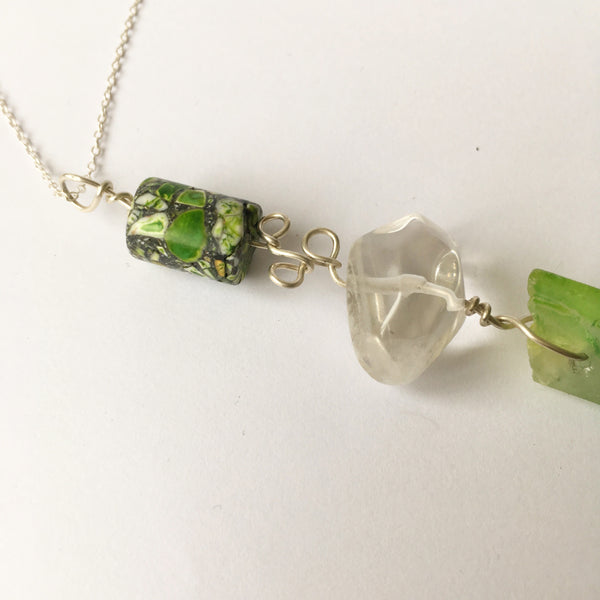 Jasper, Quartz & Green Quartz Sterling Silver Pendant Necklace - Glitter and Gem Jewellery