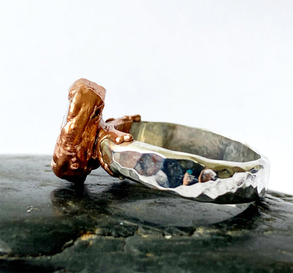 Boulder Opal Copper & Silver Formed Textured Ring - Glitter and Gem Jewellery