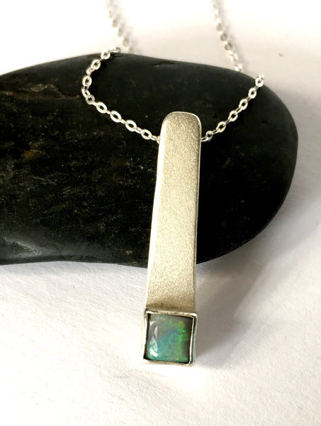 Lightning Ridge Opal Brushed Sterling Silver Pendant Necklace - Glitter and Gem Jewellery