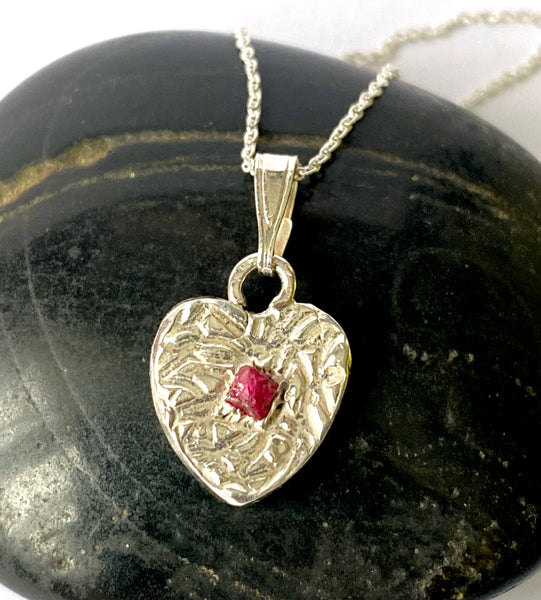 Mogok Red Spinel Textured Silver Heart Pendant Necklace