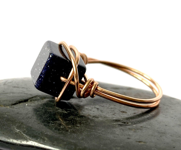 Deep Blue Goldstone 14 ct Rose Gold Filled Wire Ring - Glitter and Gem Jewellery