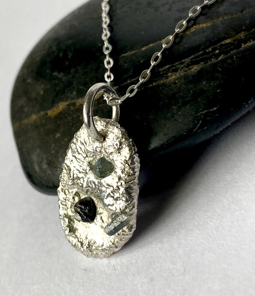 Natural Sapphire Textured Sterling Silver Pendant Necklace