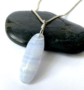 Blue Lace Agate Sterling Silver Pendant Necklace - Glitter and Gem Jewellery