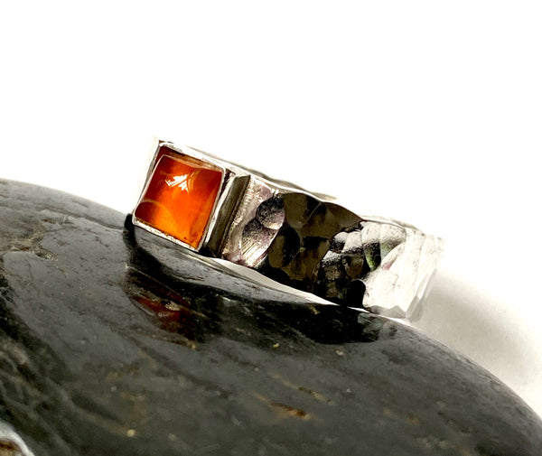 Unisex American Fire Opal Hammered Textured Ring - Glitter and Gem Jewellery