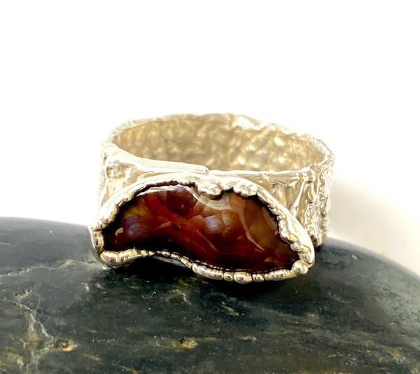 Carved Fire Agate Silver Formed Unisex Ring - Glitter and Gem Jewellery