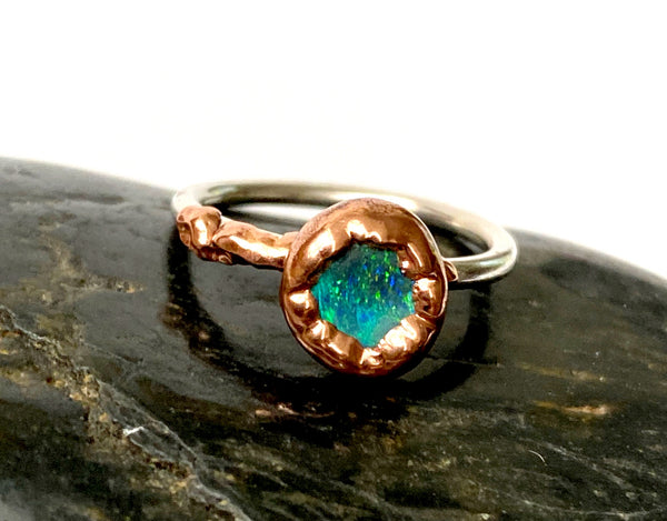Solid Opal Copper and Silver Ring - Glitter and Gem Jewellery