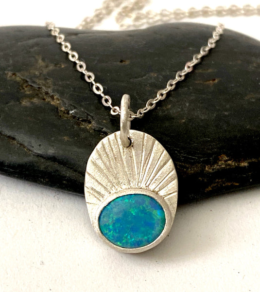 Opal Doublet Sterling Silver Textured Pendant Necklace