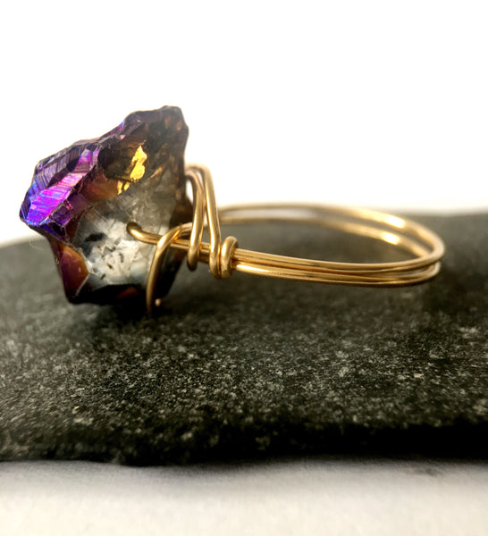Titanium Rock Crystal 14 ct Gold Filled Wire Ring - Glitter and Gem Jewellery