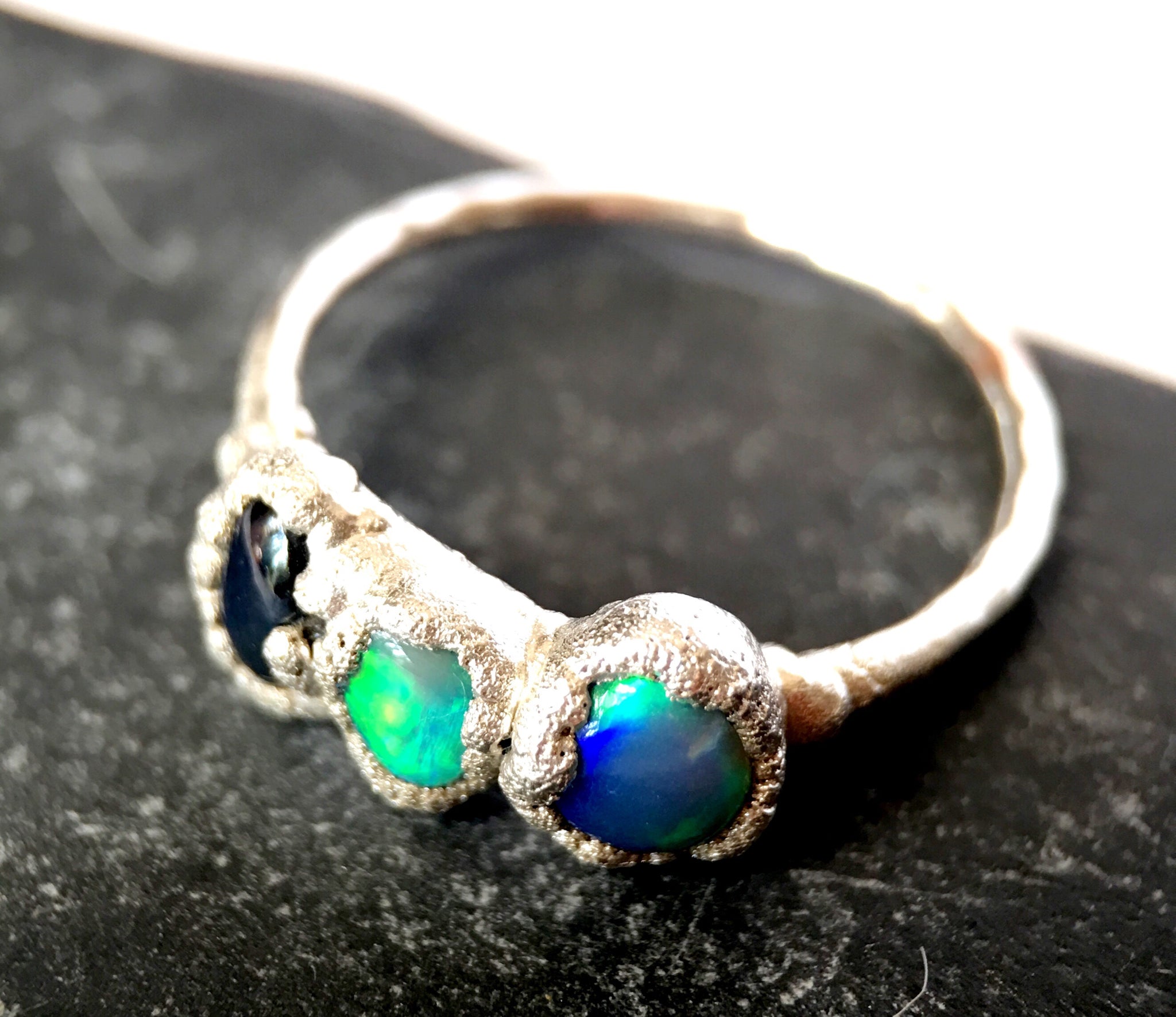 Opal & Sapphire Silver & Copper Ring - Glitter and Gem Jewellery