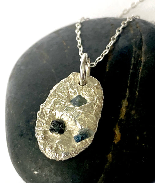 Natural Sapphire Textured Sterling Silver Pendant Necklace
