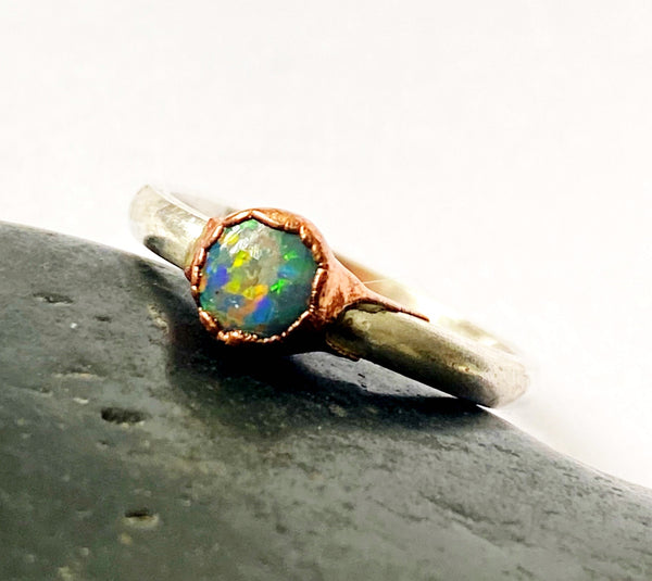 Solid Opal Copper & Silver Ring - Glitter and Gem Jewellery