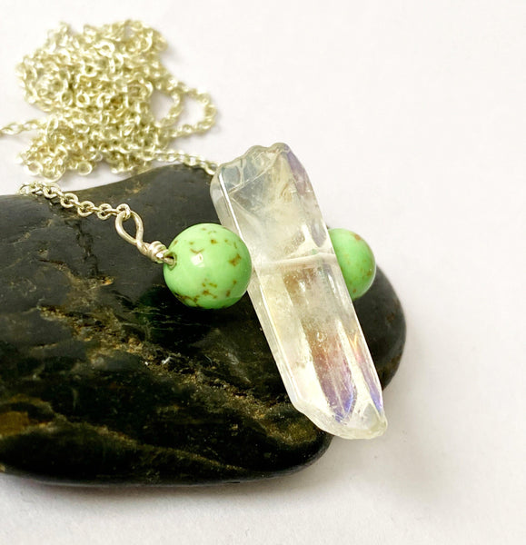 Aura Quartz & Green Turquoise Long Silver Plated Necklace - Glitter and Gem Jewellery