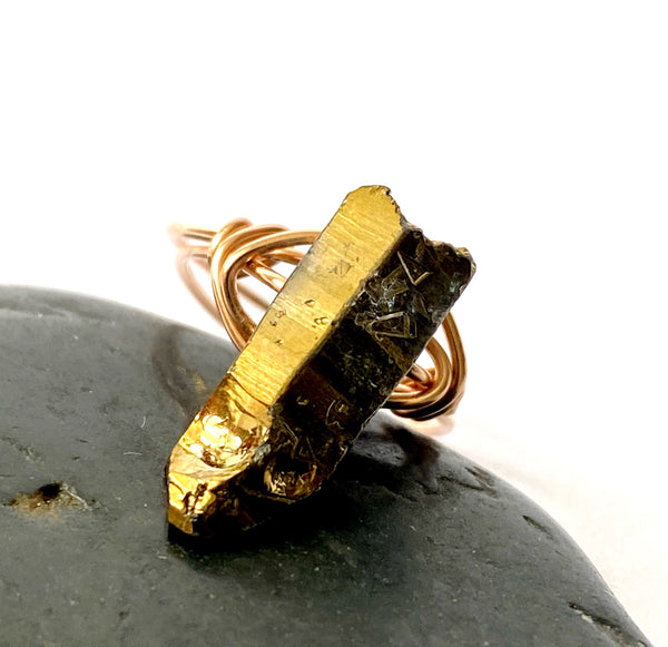 Gold Electroplated Quartz 14 carat rose gold filled Wire Ring - Glitter and Gem Jewellery
