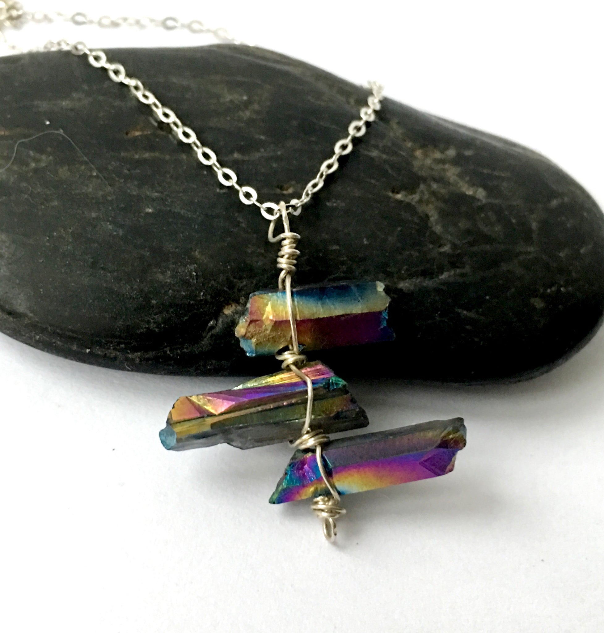 Titanium Rainbow Quartz Point Sterling Silver Pendant - Glitter and Gem Jewellery