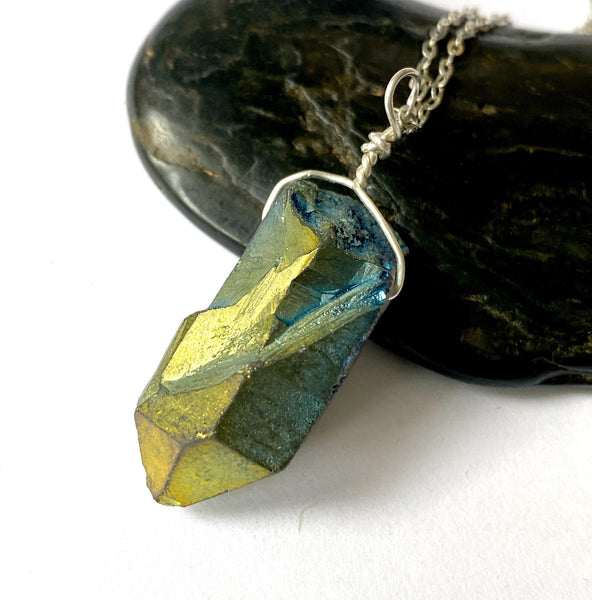 Titanium Rock Crystal Quartz Silver Pendant Necklace - Glitter and Gem Jewellery