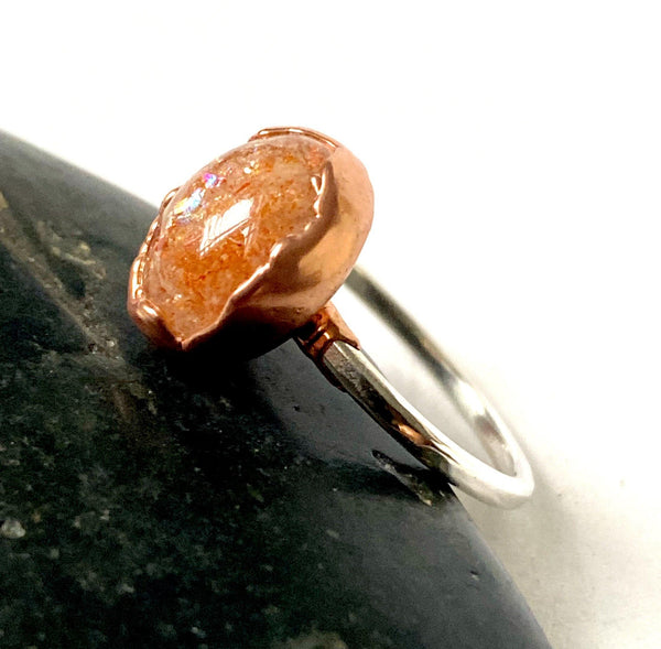Sunstone Copper Formed & Sterling Silver Ring - Glitter and Gem Jewellery