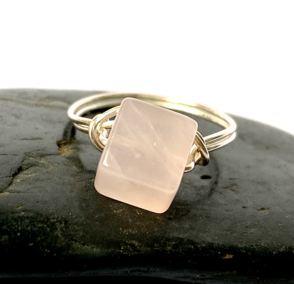 Rose Quartz Cube Silver Filled Wire Ring - Glitter and Gem Jewellery