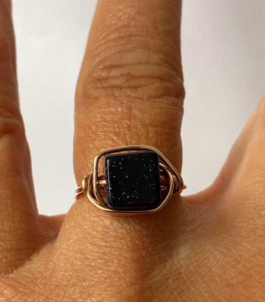 Deep Blue Goldstone 14 ct Rose Gold Filled Wire Ring - Glitter and Gem Jewellery