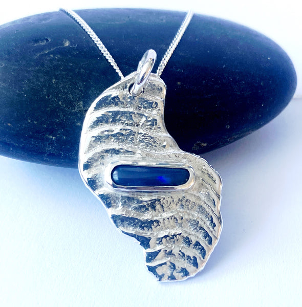 Cuttlefish Cast Solid Black Opal Silver Pendant Necklace.
