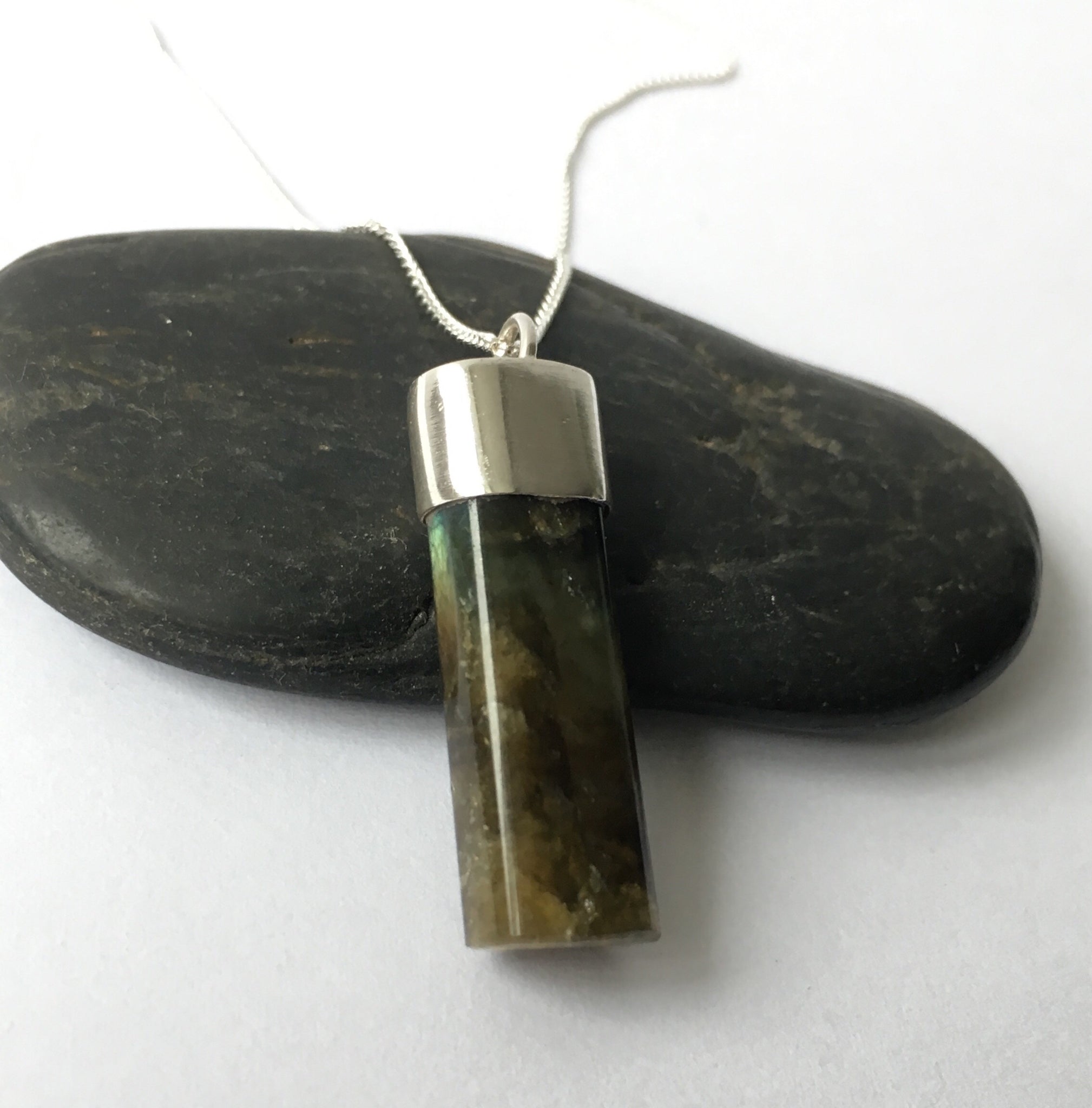 Labradorite Tube Sterling Silver Pendant Necklace - Glitter and Gem Jewellery