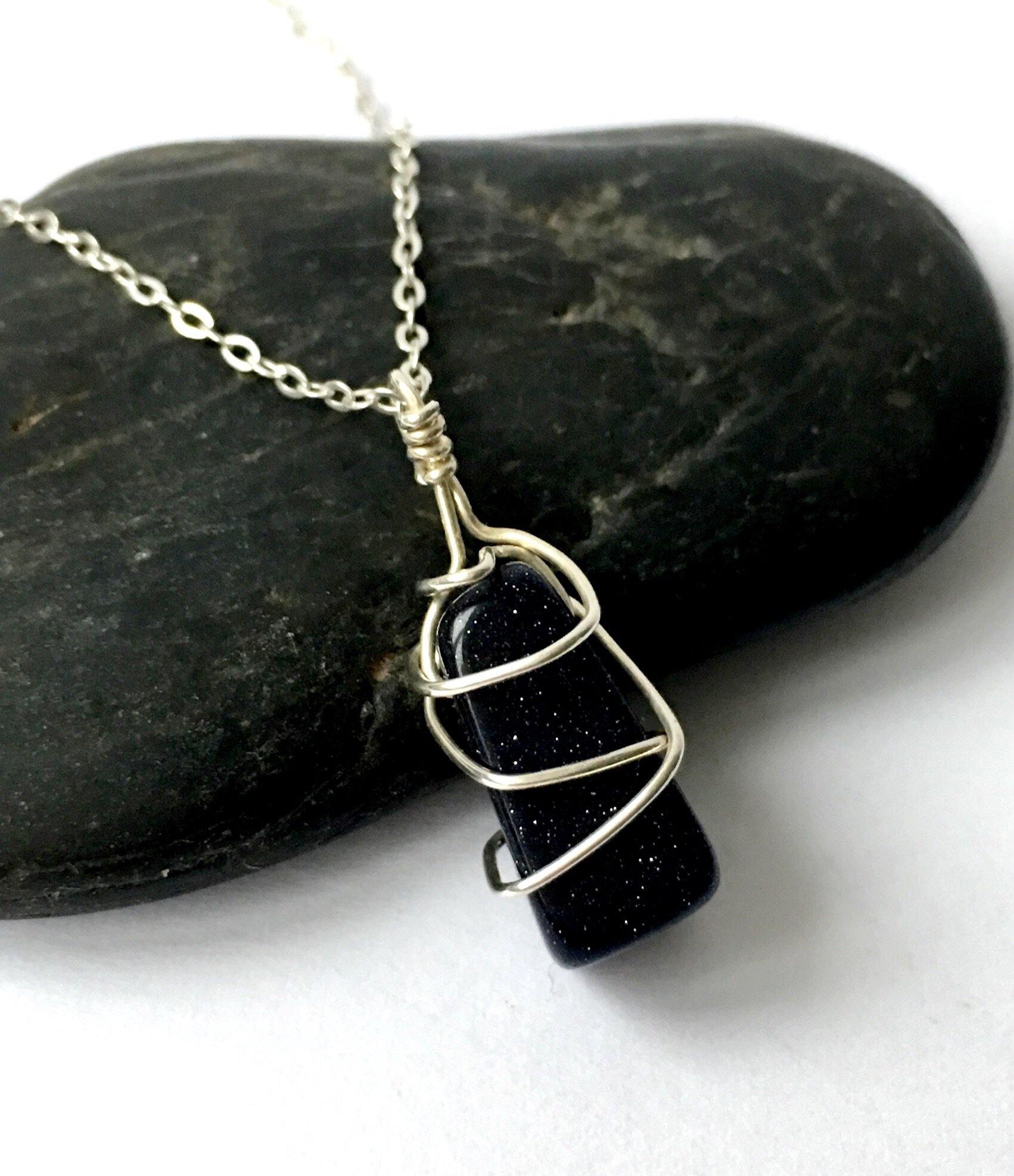 Blue Goldstone Sterling Silver Wire Wrap Pendant Necklace - Glitter and Gem Jewellery