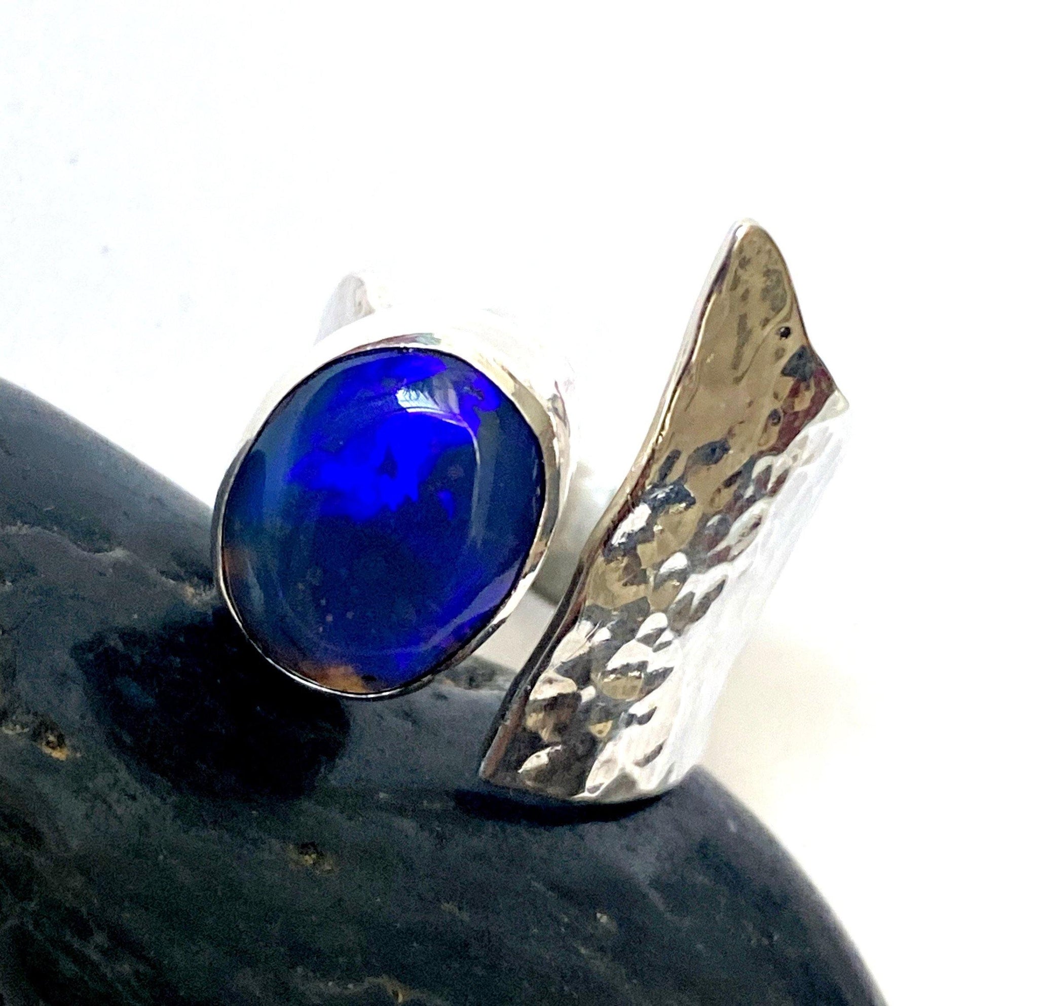 Crystal Blue Opal Statement Sterling Silver Adjustable  Ring - Glitter and Gem Jewellery