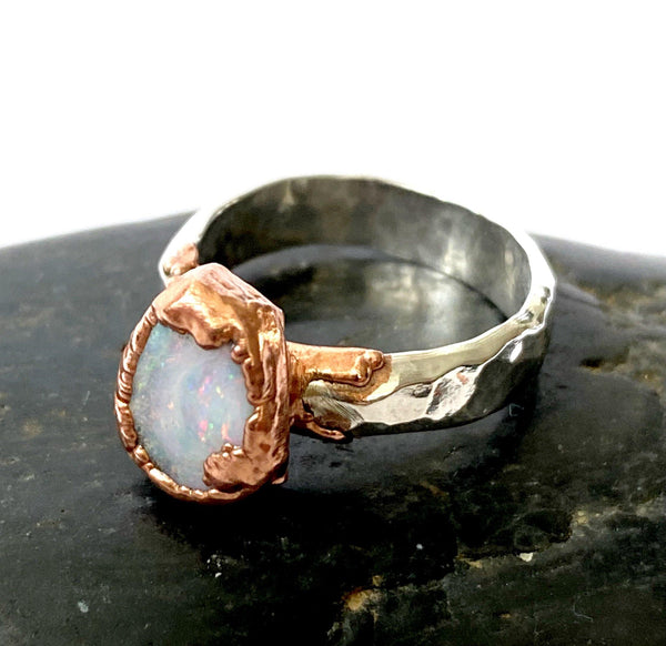 Boulder Opal Copper & Silver Formed Textured Ring - Glitter and Gem Jewellery