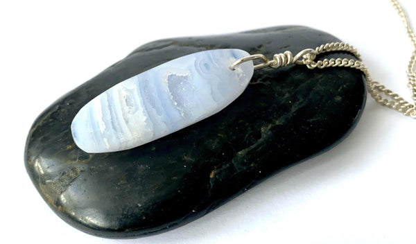 Blue Lace Agate Sterling Silver Pendant Necklace - Glitter and Gem Jewellery