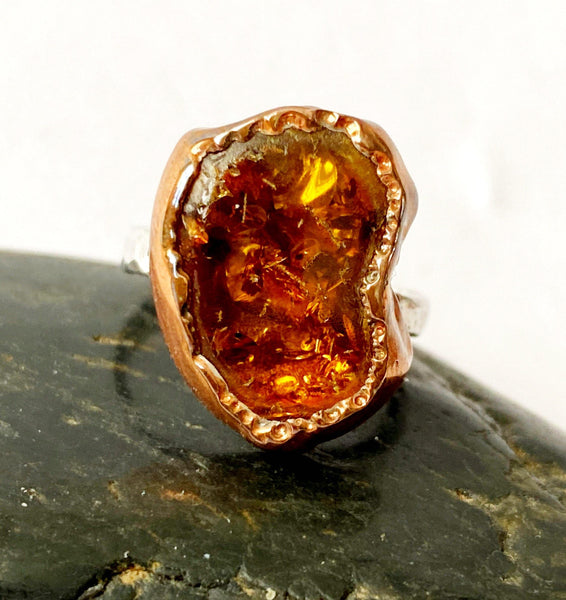 Fantastic Amber Copper & Silver Ring, size K, US Ring Size 5 1/2 - Glitter and Gem Jewellery