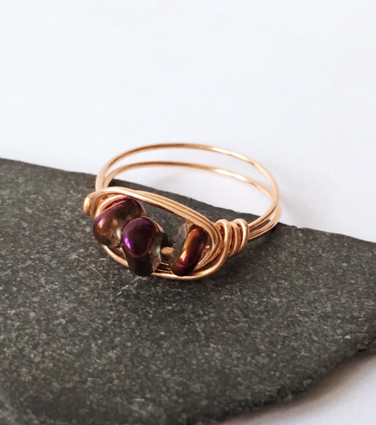 Purple Electroplated Quartz 14 Carat Rose Gold Wire Ring - Glitter and Gem Jewellery