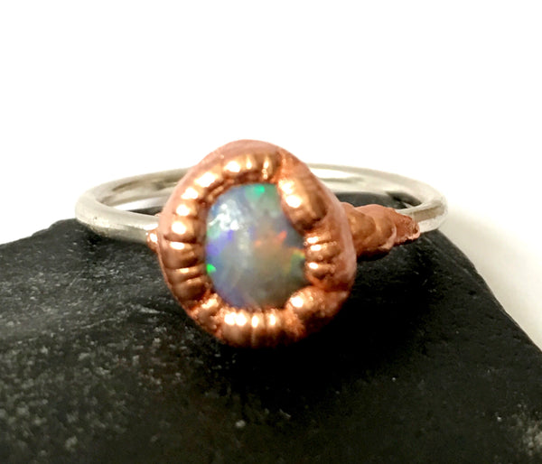 Solid Opal Copper & Sterling Silver Ring - Glitter and Gem Jewellery