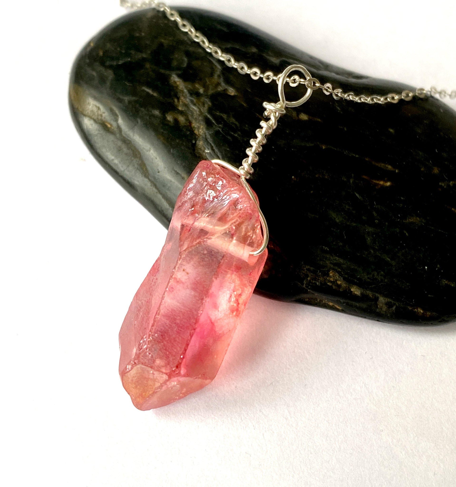 Pink Aura Quartz Silver Pendant Necklace - Glitter and Gem Jewellery