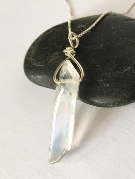 Angel Aura Crystal Quartz Sterling Silver Pendant Necklace - Glitter and Gem Jewellery