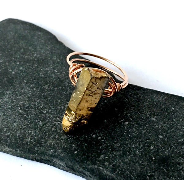 Gold Electroplated Quartz 14 carat rose gold filled Wire Ring - Glitter and Gem Jewellery