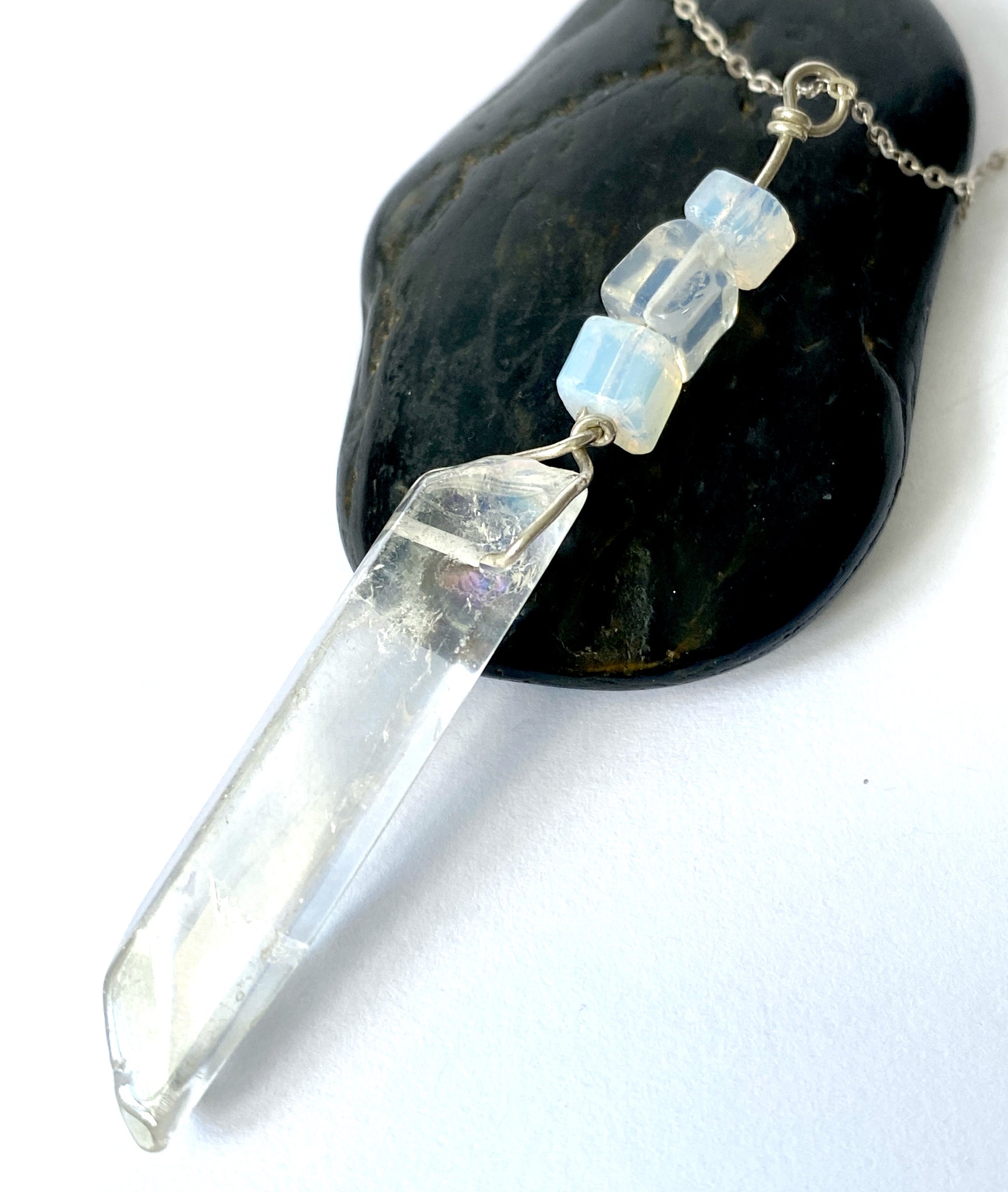 Opalite & Angel Aura Quartz Sterling Silver Pendant Necklace